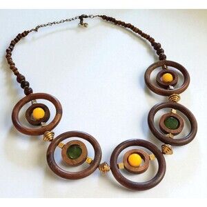 1946 Chunky Brown Wood Bead Bib Necklace Yellow Green Gold Tone 24"